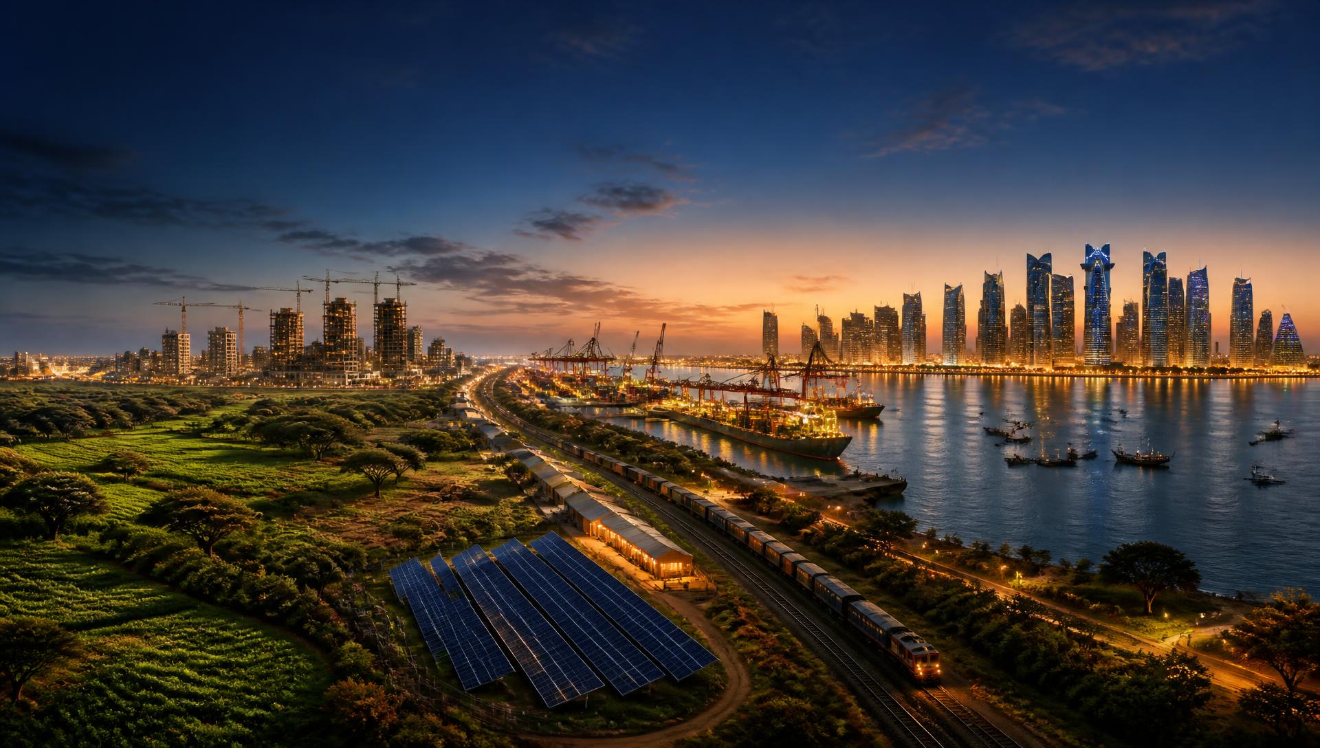 African farmland and port meeting a Gulf skyline at dusk